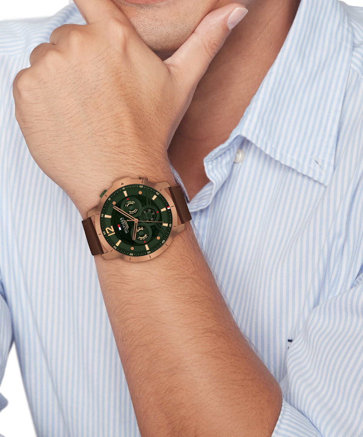 Tommy Hilfiger 1792207 Men's Brown Leather Strap Green Dial Quartz Watch