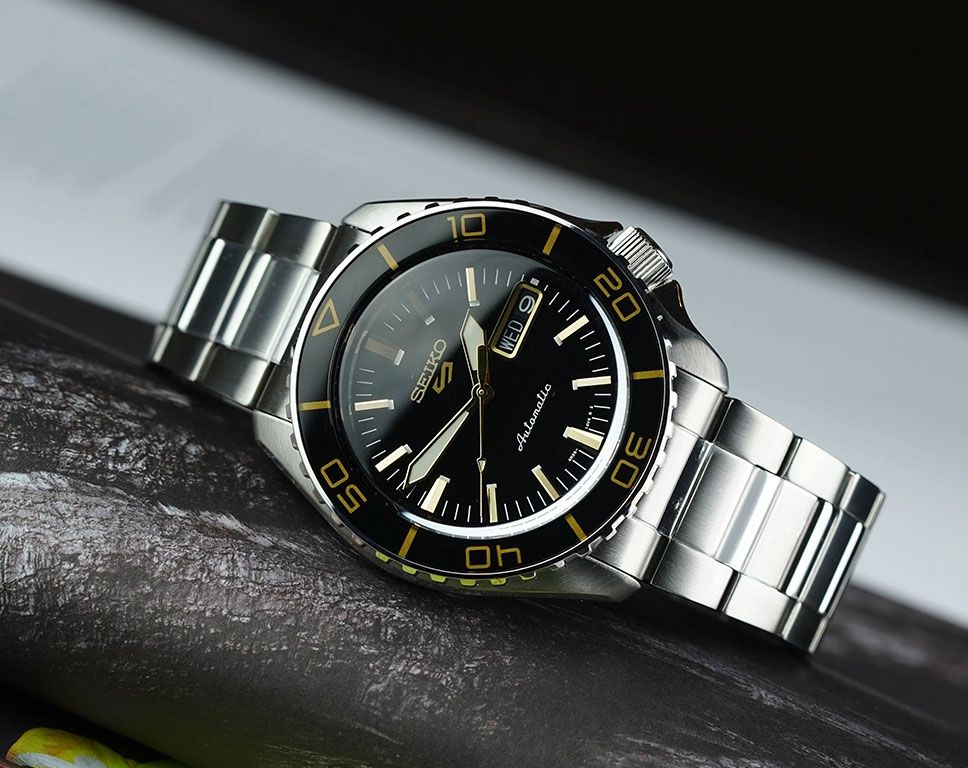 Seiko 5 Sports SNZH5 Reissue Black with Gold Bezel 55 Fathoms Men's Watch SRPK99K1