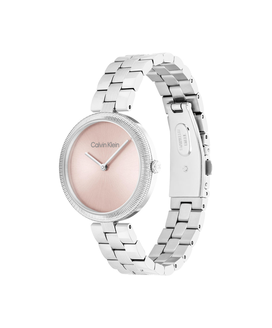 A silver-colored Calvin Klein women’s steel watch with a pink dial