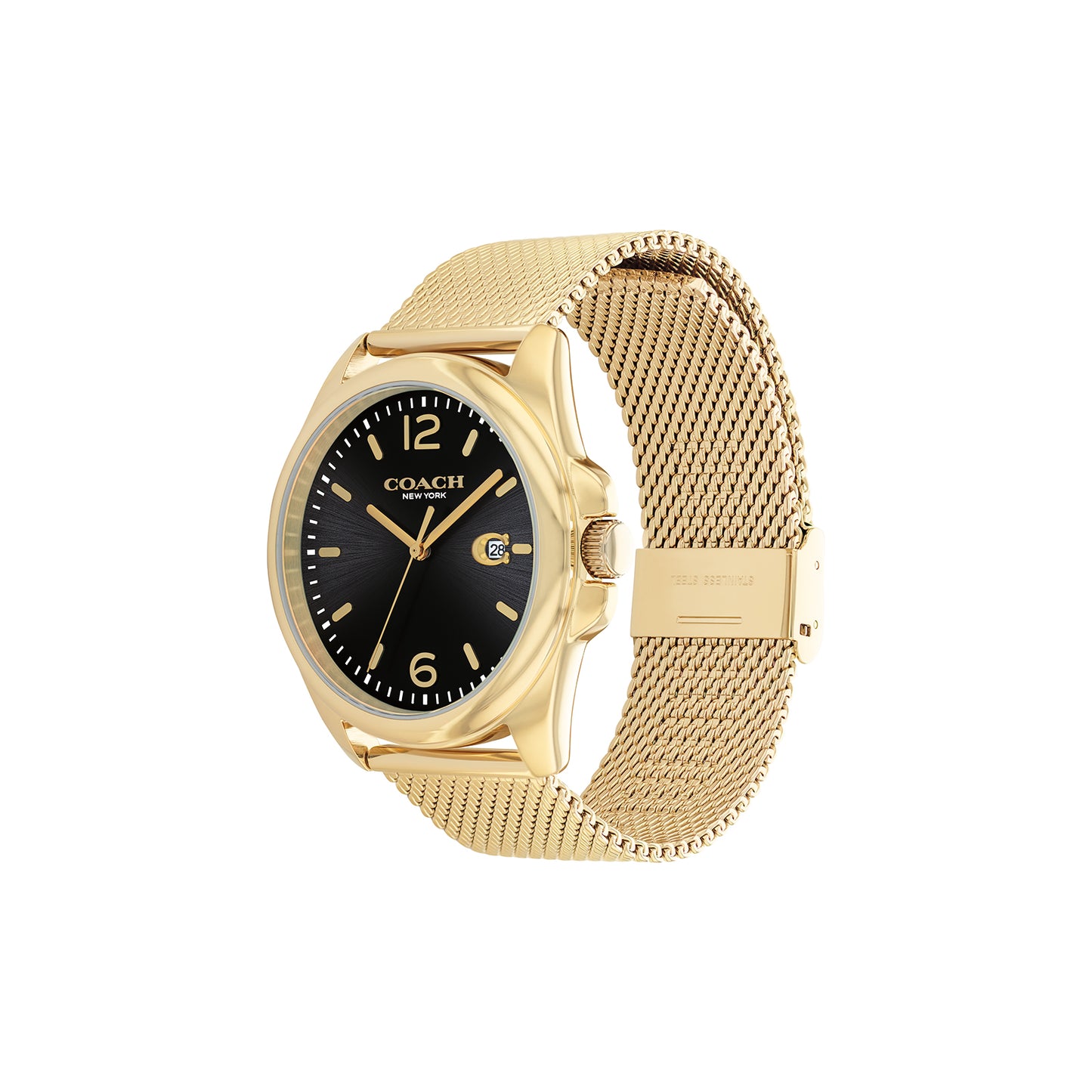 Coach 14602618 Men's Gold Steel Mesh Bracelet and Black Dial Quartz Basic Calendar Watch