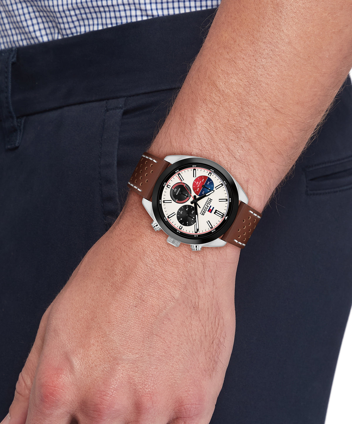 Tommy Hilfiger 1710765 Men's Chronograph Brown Leather Strap White Dial Quartz Watch