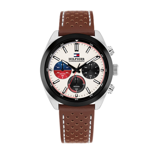 Tommy Hilfiger 1710765 Men's Chronograph Brown Leather Strap White Dial Quartz Watch