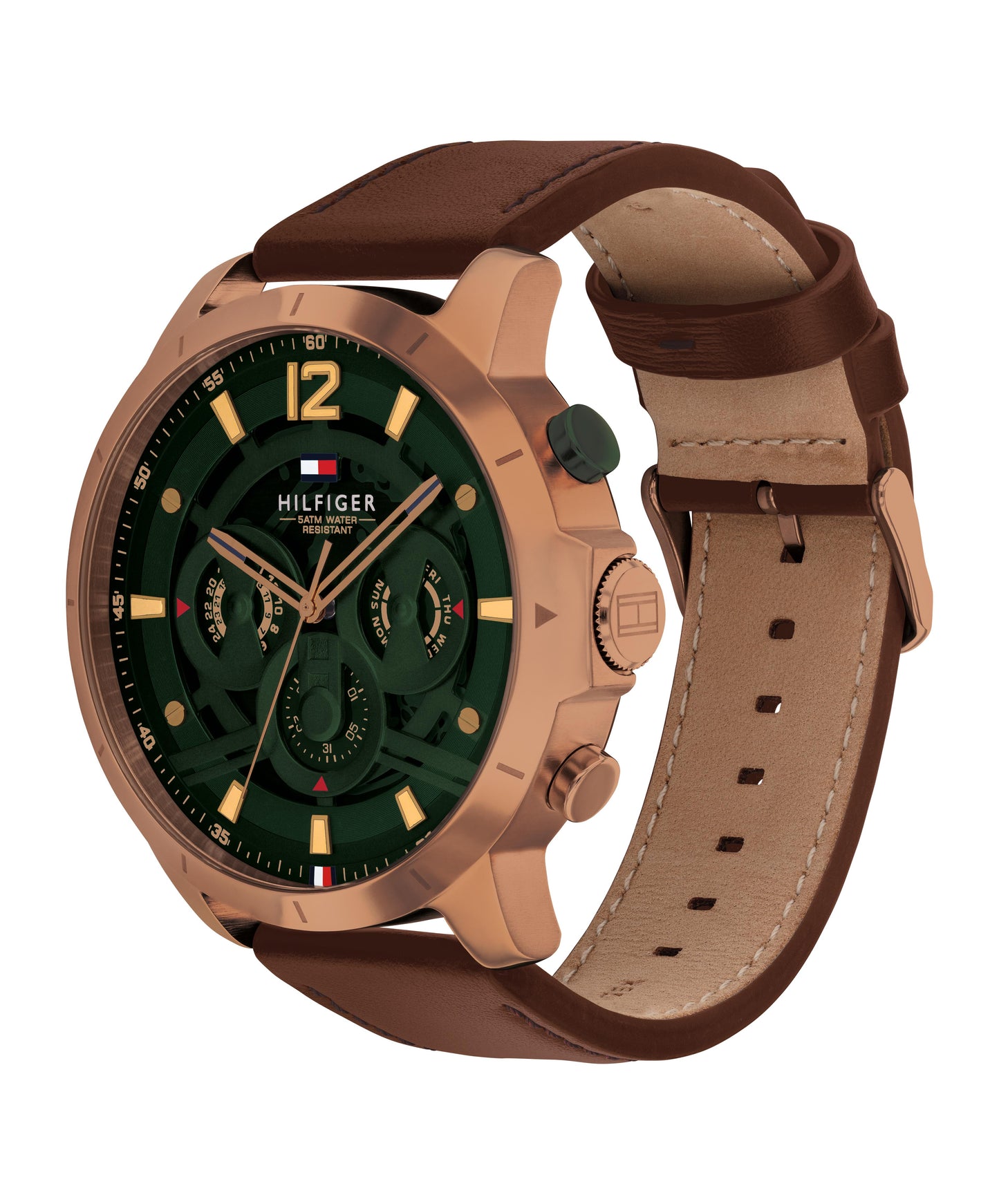 Tommy Hilfiger 1792207 Men's Brown Leather Strap Green Dial Quartz Watch