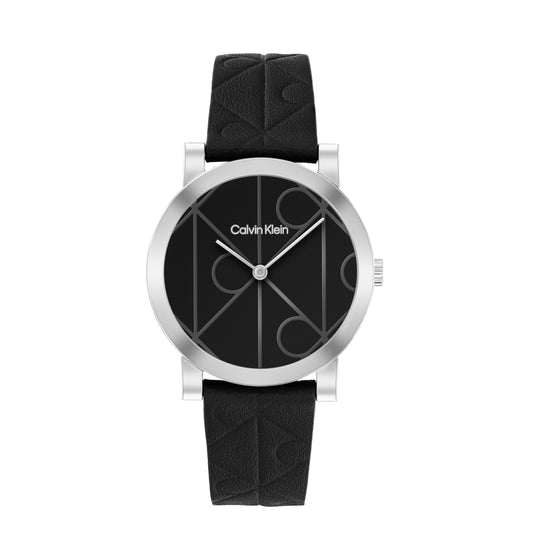 Calvin Klein 25100128 Monogram Black Leather Strap Women's Watch
