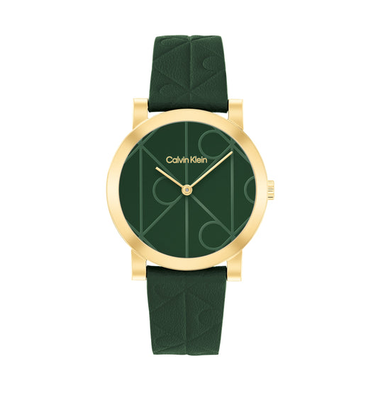 Calvin Klein 25100129 Monogram Green Leather Strap Women's Watch