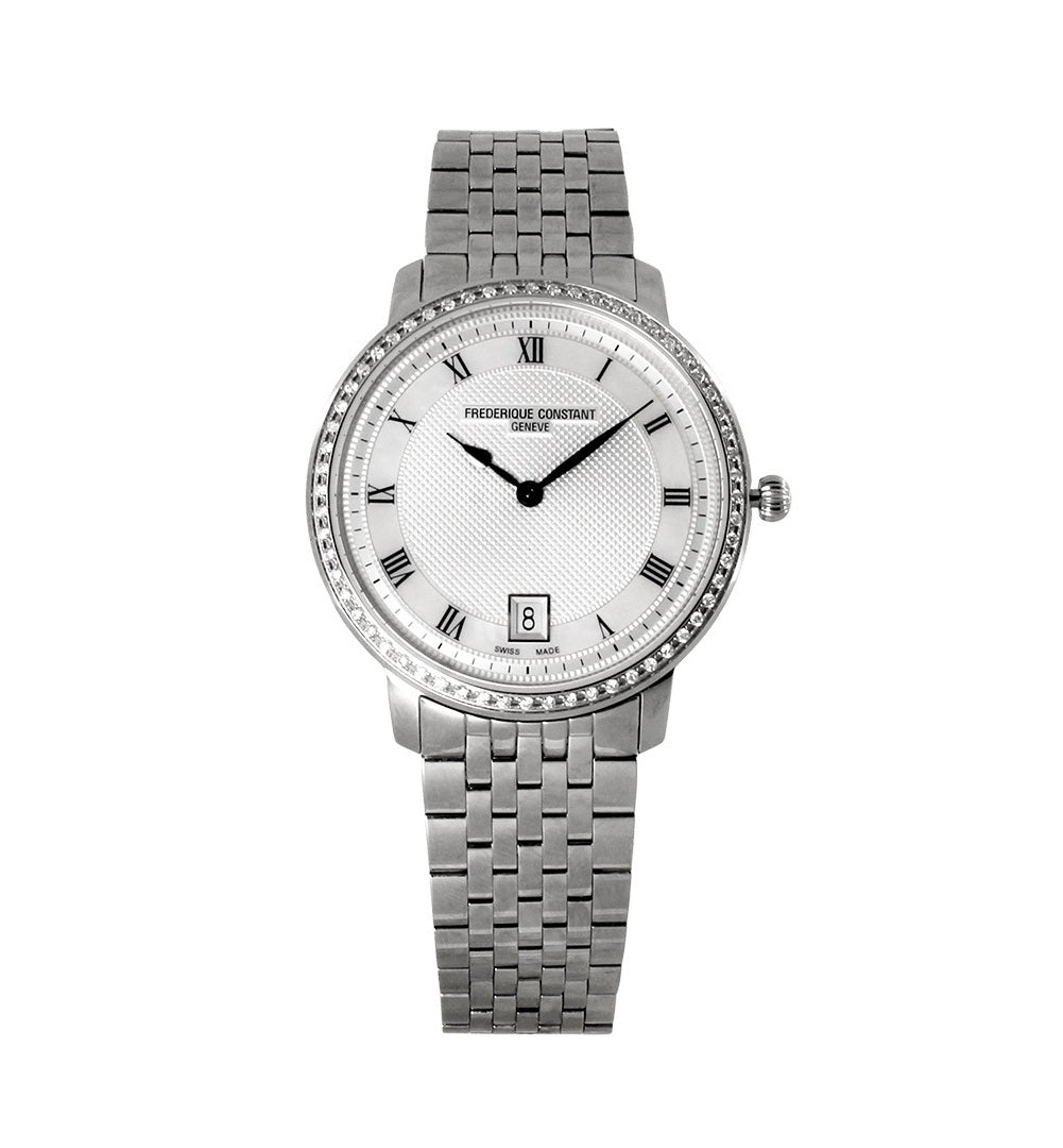 Frederique Constant Slim Line Silver Guilloche Dial Grey Satin Ladies Watch - FC-220M4SD36B