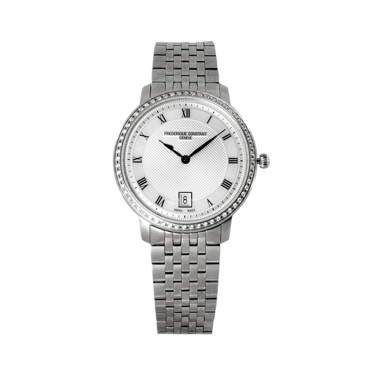 Frederique Constant Slim Line Silver Guilloche Dial Grey Satin Ladies Watch - FC-220M4SD36B