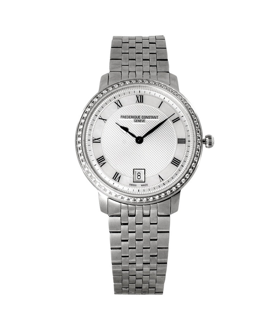 Frederique Constant Slim Line Silver Guilloche Dial Grey Satin Ladies Watch - FC-220M4SD36B
