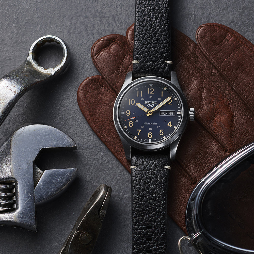 Seiko 5 Sports Field Military Style Automatic Black Leather Men's Watch SRPG39K1