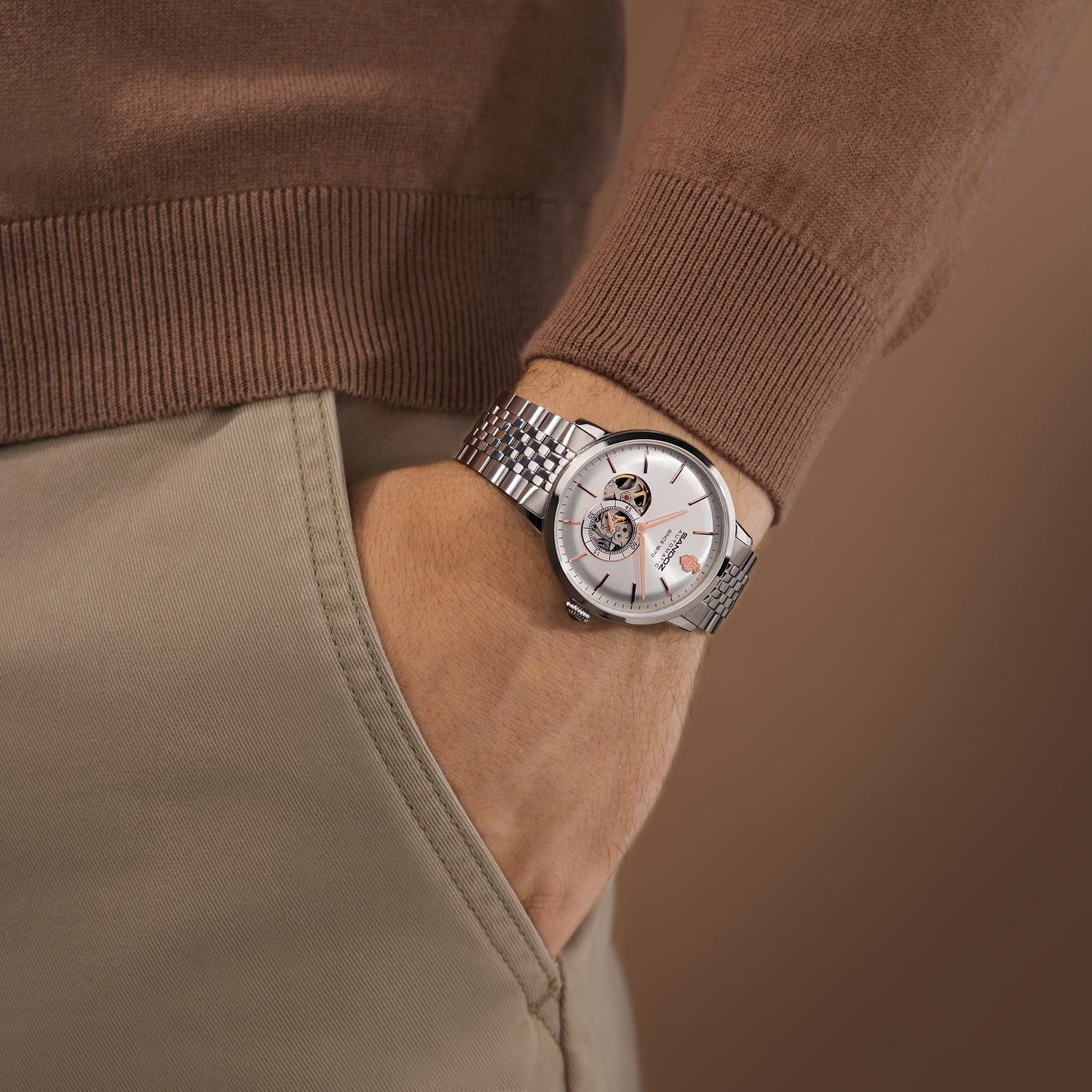 Sandoz Rochettes Automatic Open Heart Silver Bombe Sunray Dial Men's Watch SZWGL0000504