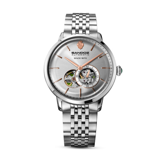 Sandoz Rochettes Automatic Open Heart Silver Bombe Sunray Dial Men's Watch SZWGL0000504