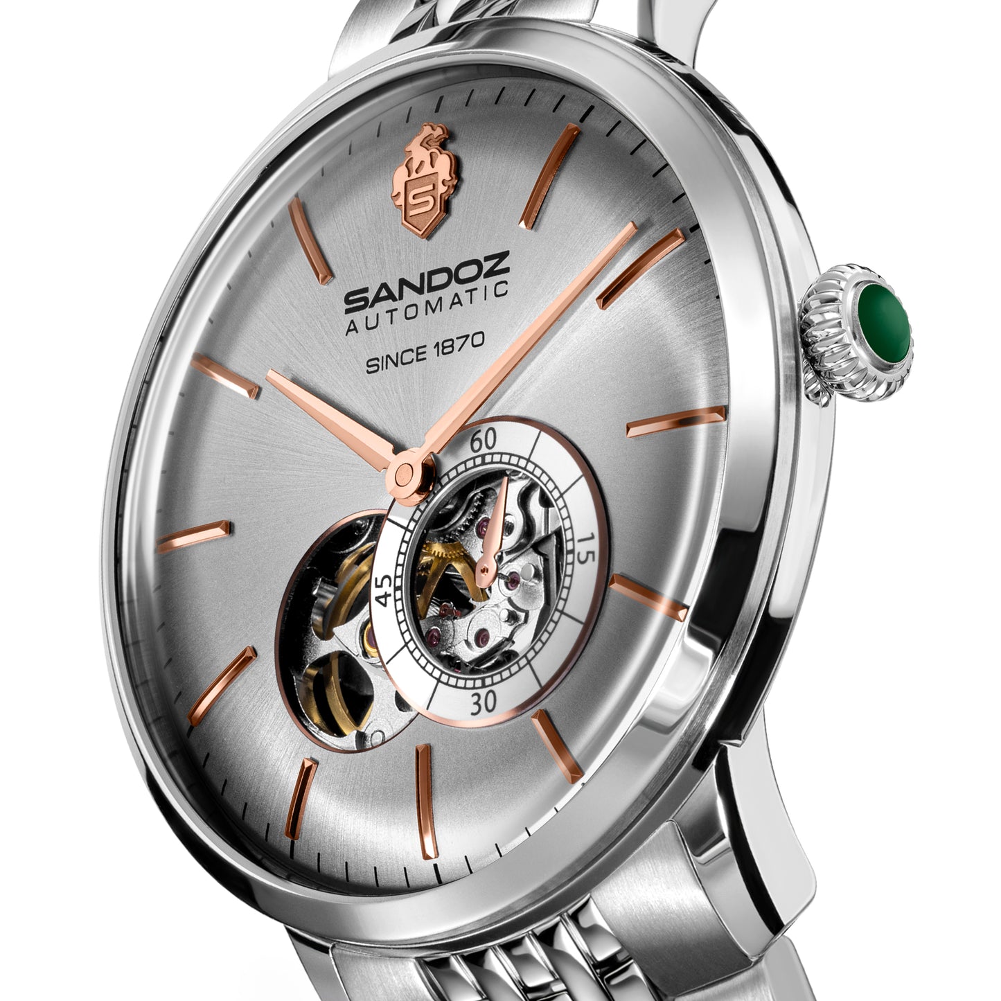 Sandoz Rochettes Automatic Open Heart Silver Bombe Sunray Dial Men's Watch SZWGL0000504