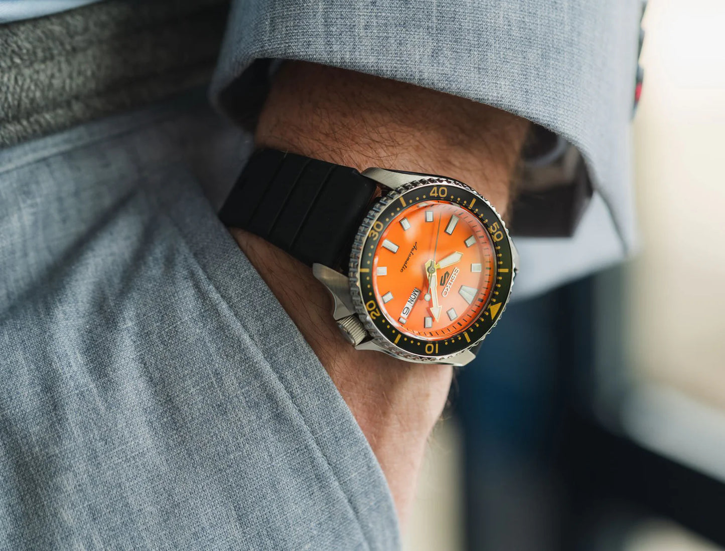 Seiko 5 Sports SKX Redux in Daichi Orange Dial Automatic Rubber Strap SRPL89K1