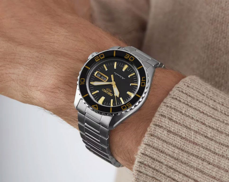 Seiko 5 Sports SNZH5 Reissue Black with Gold Bezel 55 Fathoms Men's Watch SRPK99K1