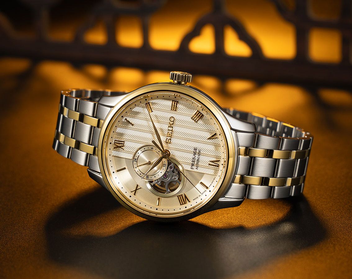 Seiko Presage Japanese Zen Gardens Gold-toned Sand Open Heart Men's Watch SSA464J1
