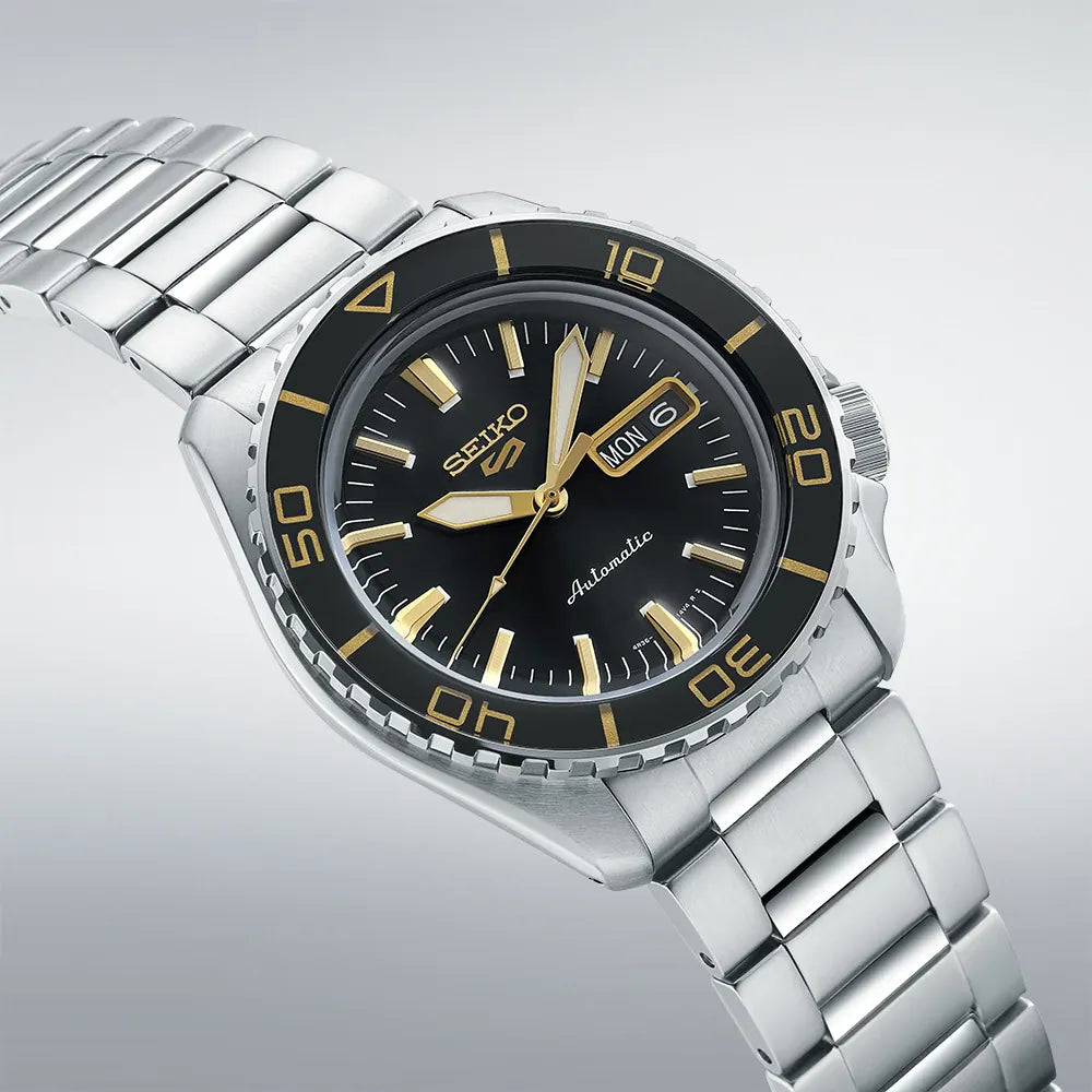 Seiko 5 Sports SNZH5 Reissue Black with Gold Bezel 55 Fathoms Men's Watch SRPK99K1